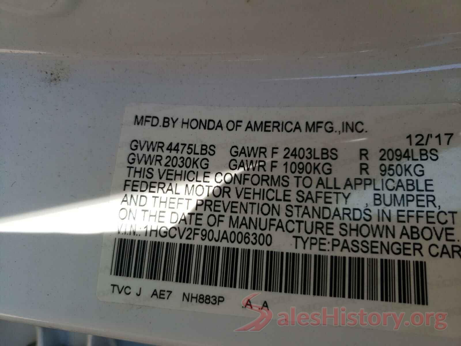 1HGCV2F90JA006300 2018 HONDA ACCORD