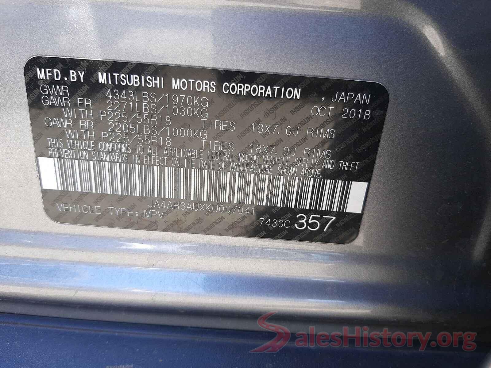 JA4AR3AUXKU007041 2019 MITSUBISHI OUTLANDER