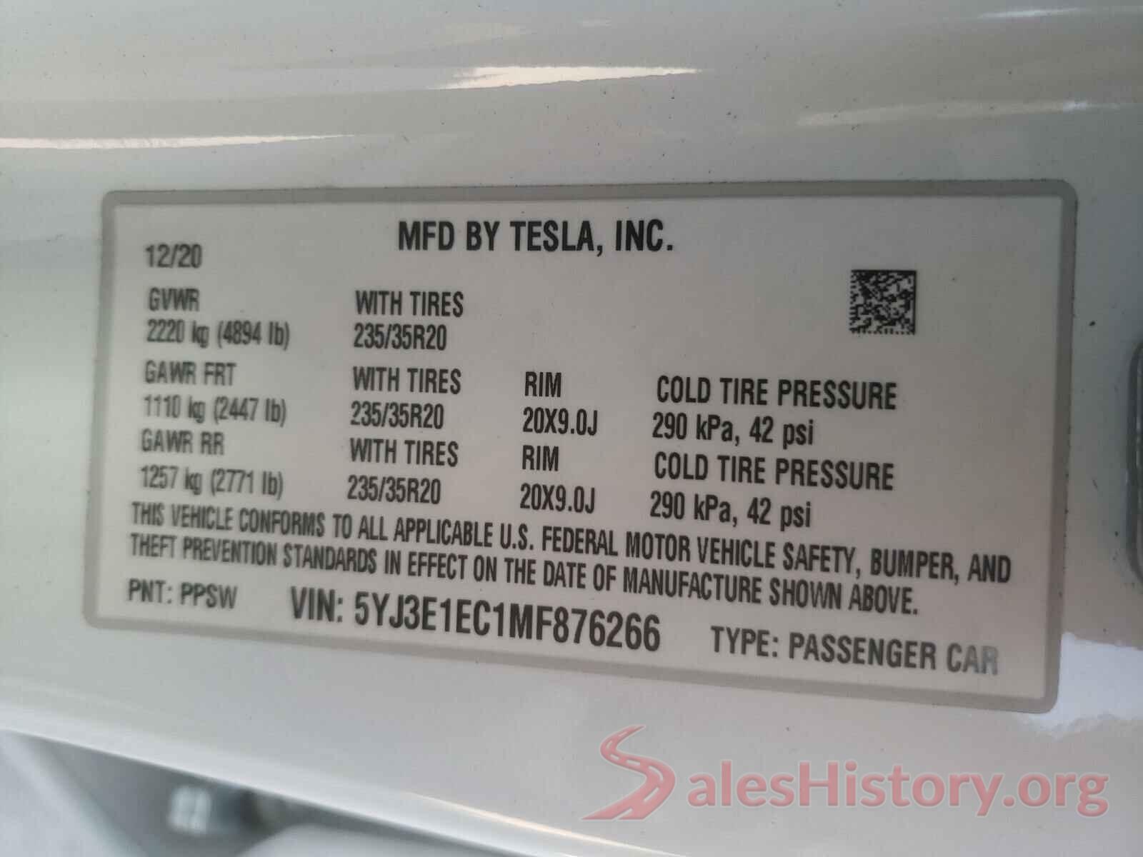 5YJ3E1EC1MF876266 2021 TESLA MODEL 3