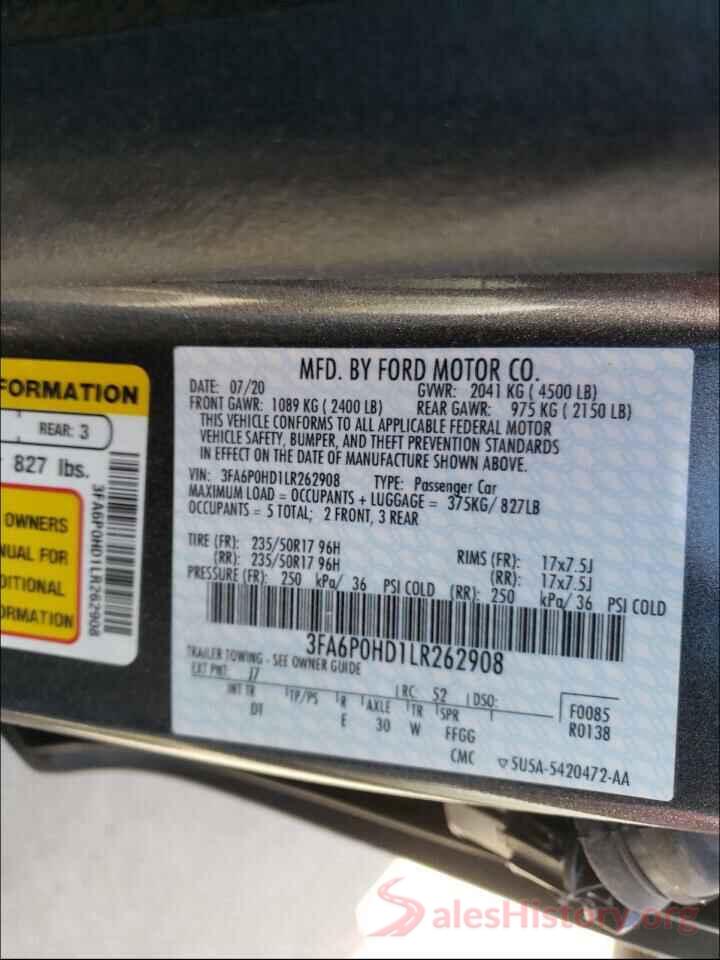 3FA6P0HD1LR262908 2020 FORD FUSION