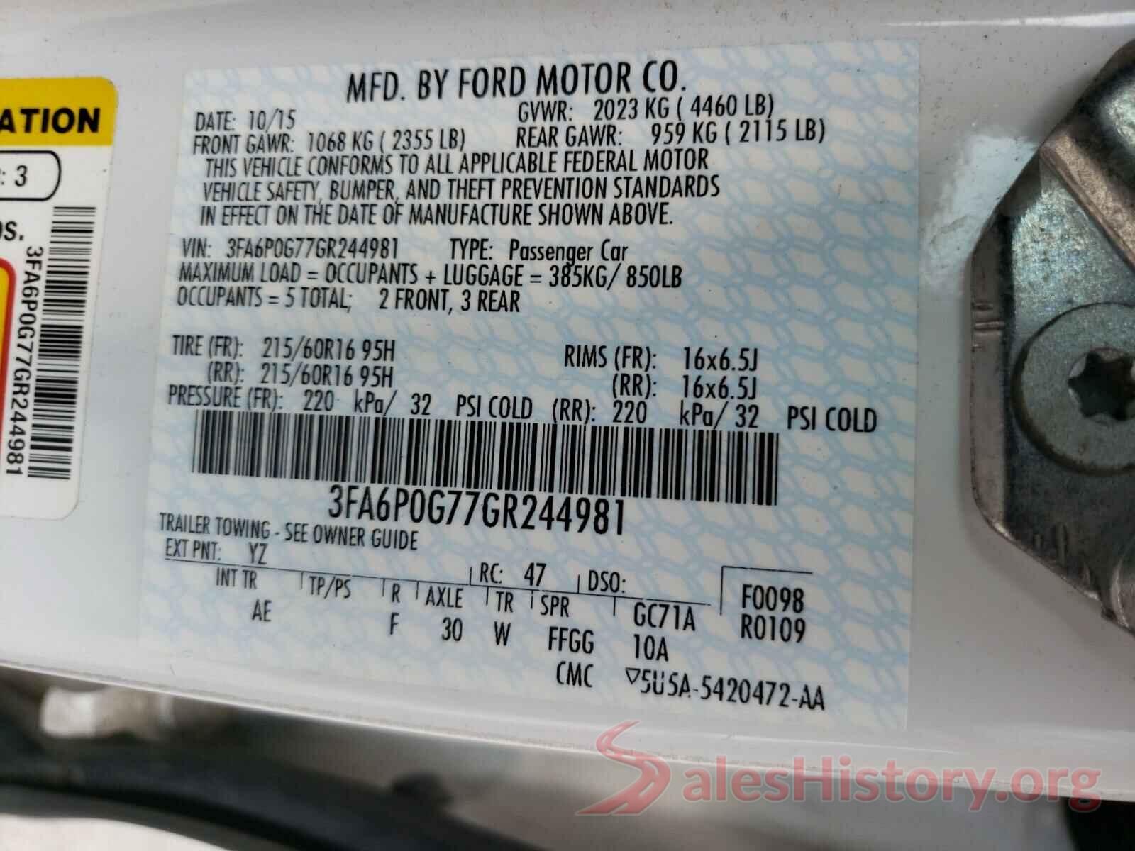 3FA6P0G77GR244981 2016 FORD FUSION