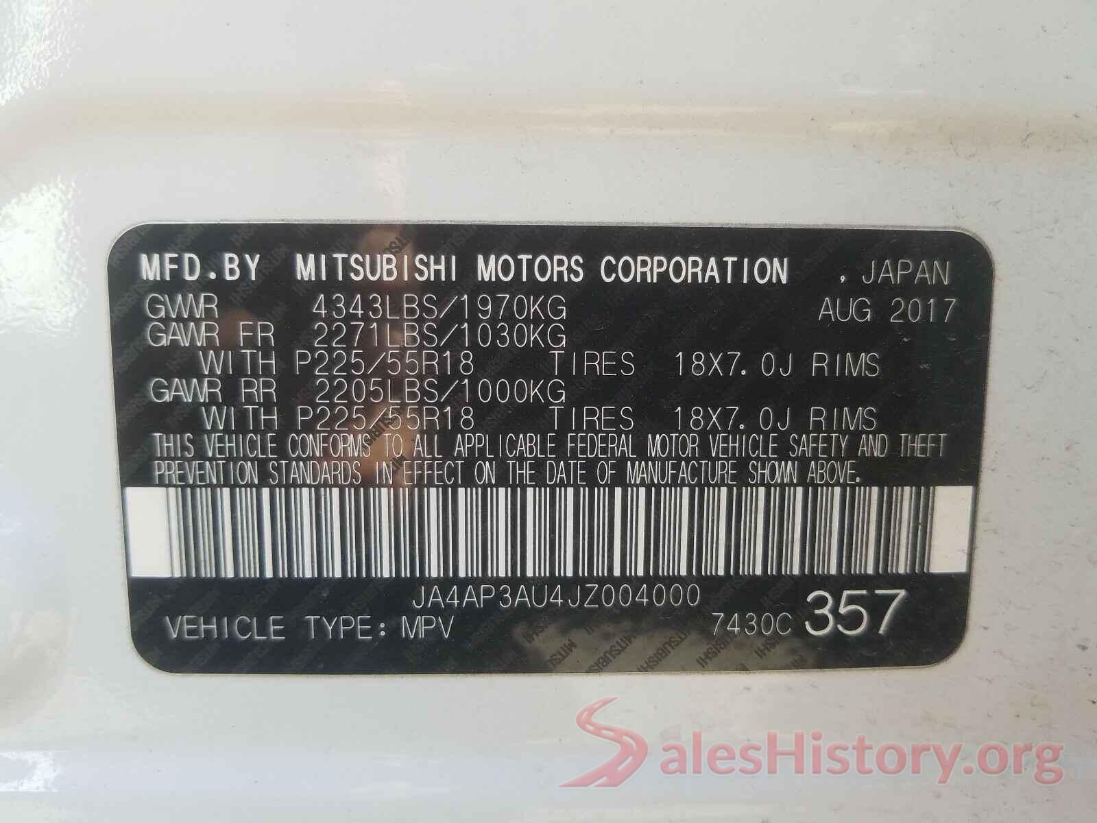 JA4AP3AU4JZ004000 2018 MITSUBISHI OUTLANDER