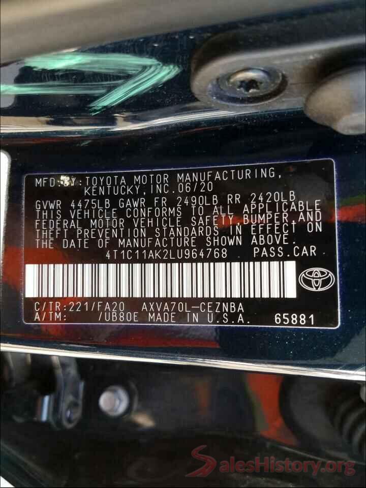 4T1C11AK2LU964768 2020 TOYOTA CAMRY