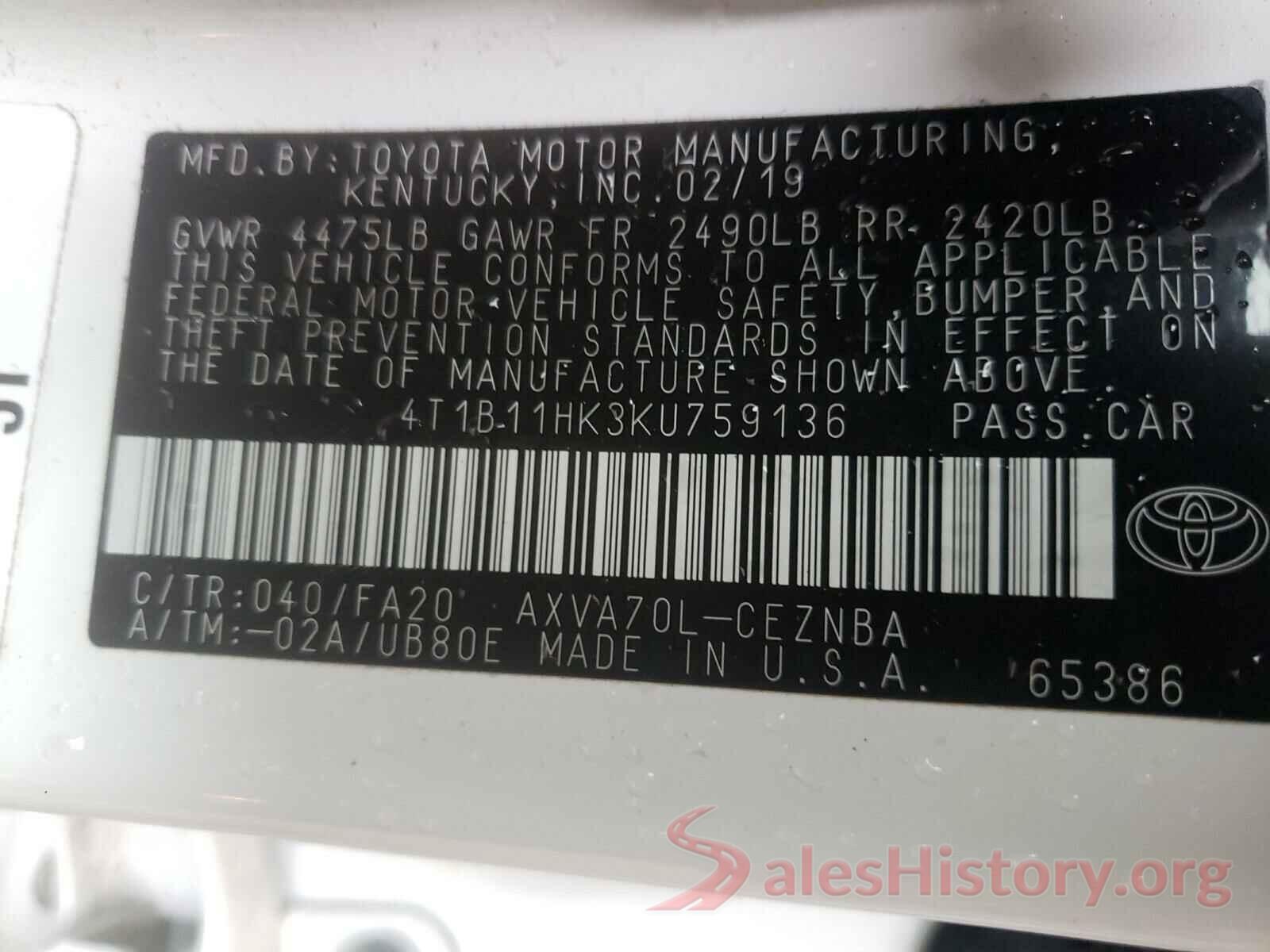 4T1B11HK3KU759136 2019 TOYOTA CAMRY