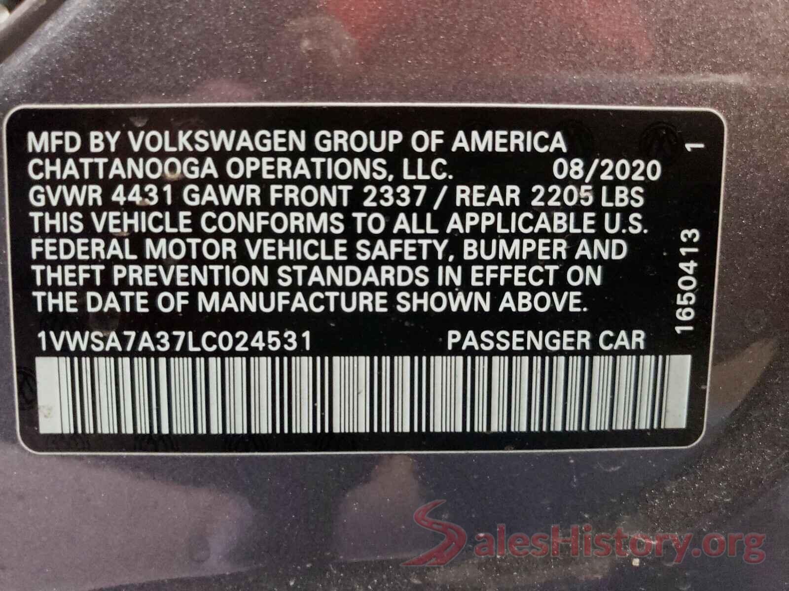 1VWSA7A37LC024531 2020 VOLKSWAGEN PASSAT