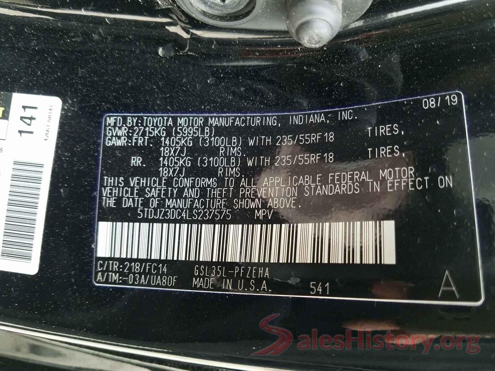 5TDJZ3DC4LS237575 2020 TOYOTA SIENNA