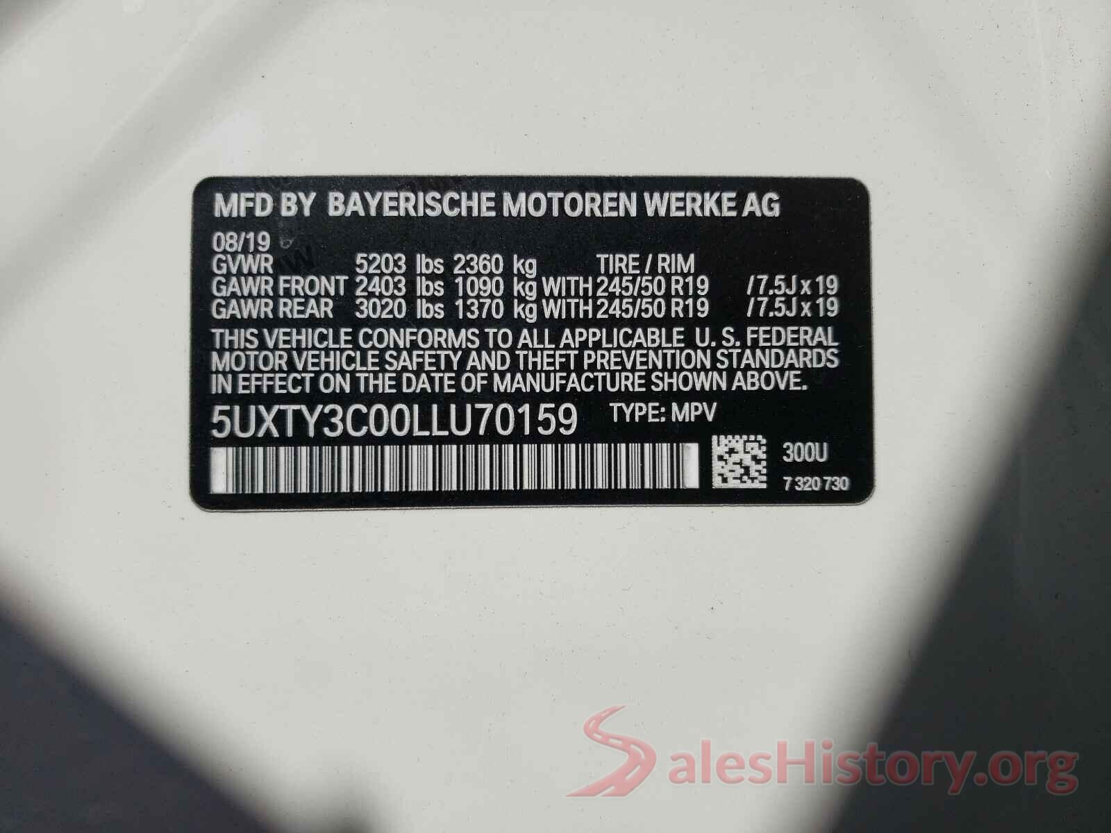 5UXTY3C00LLU70159 2020 BMW X3