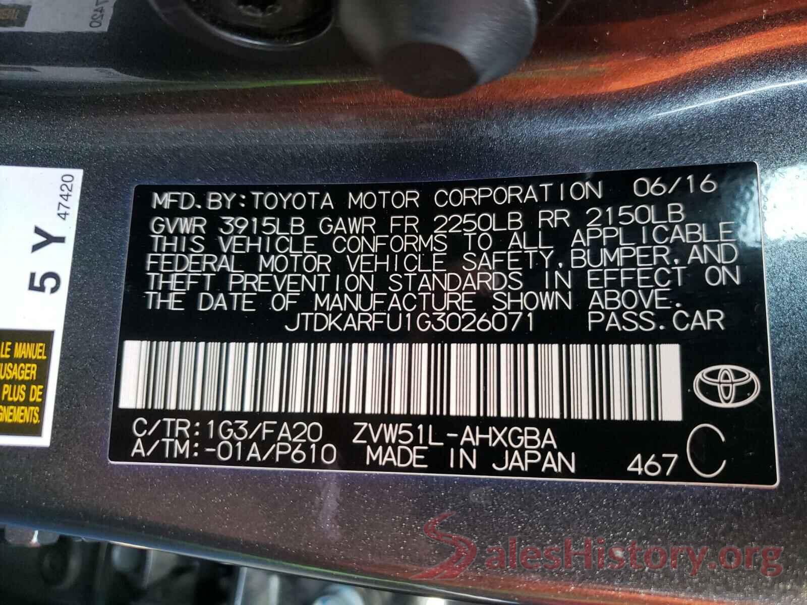 JTDKARFU1G3026071 2016 TOYOTA PRIUS