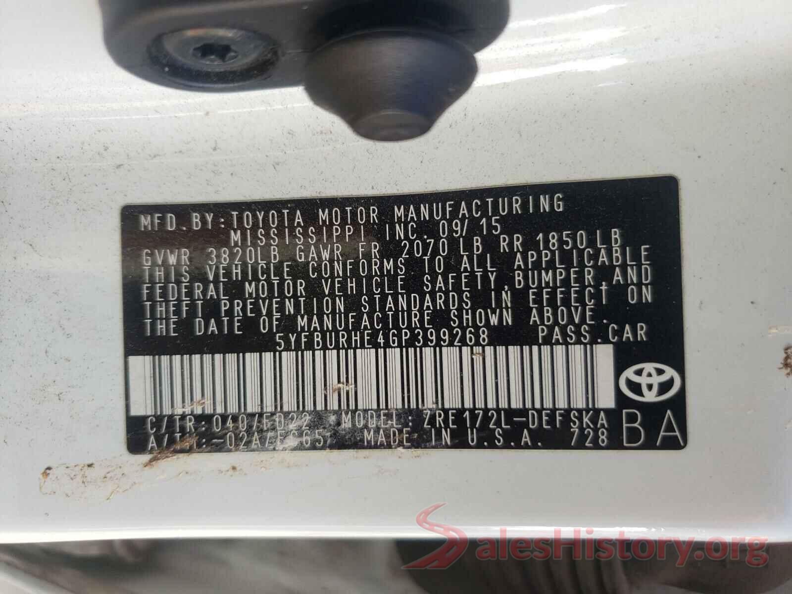 5YFBURHE4GP399268 2016 TOYOTA COROLLA