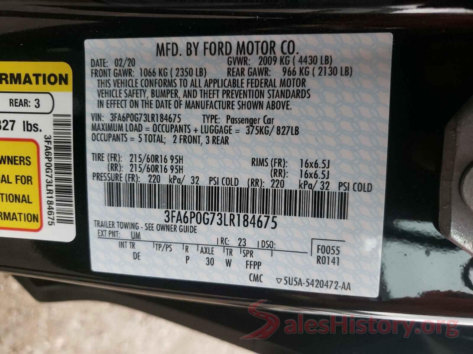 3FA6P0G73LR184675 2020 FORD FUSION