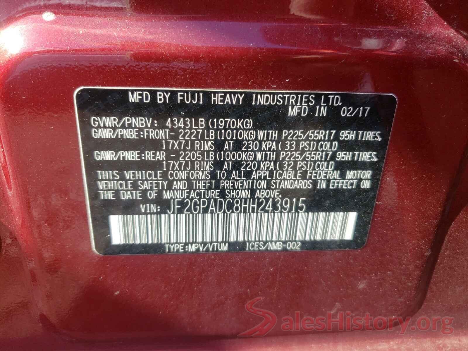 JF2GPADC8HH243915 2017 SUBARU CROSSTREK