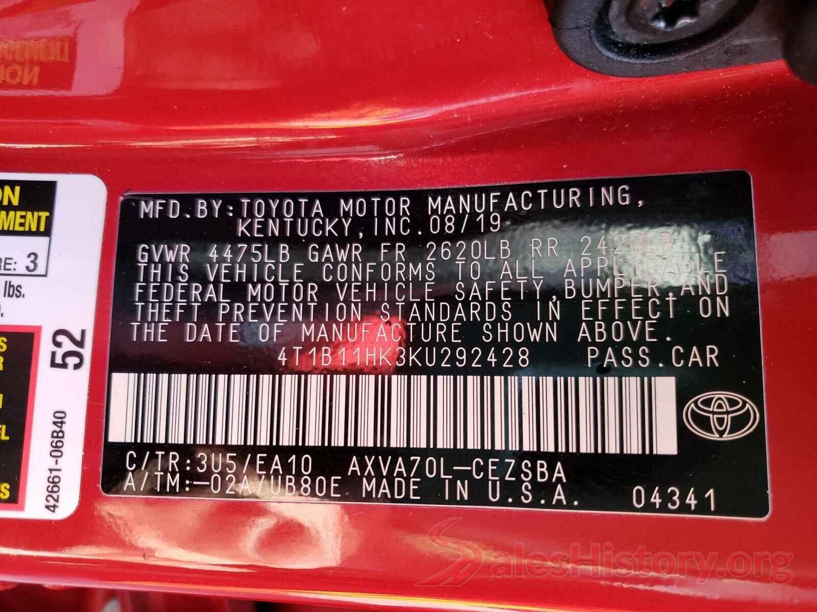 4T1B11HK3KU292428 2019 TOYOTA CAMRY