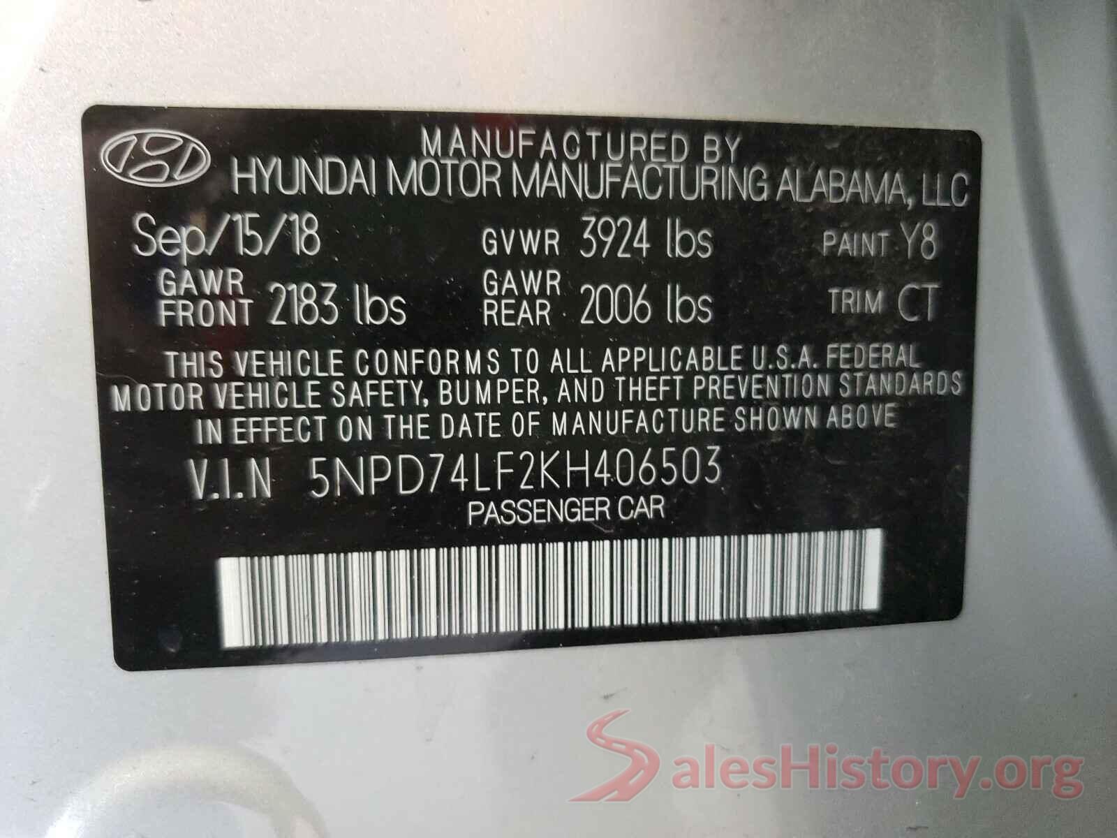 5NPD74LF2KH406503 2019 HYUNDAI ELANTRA