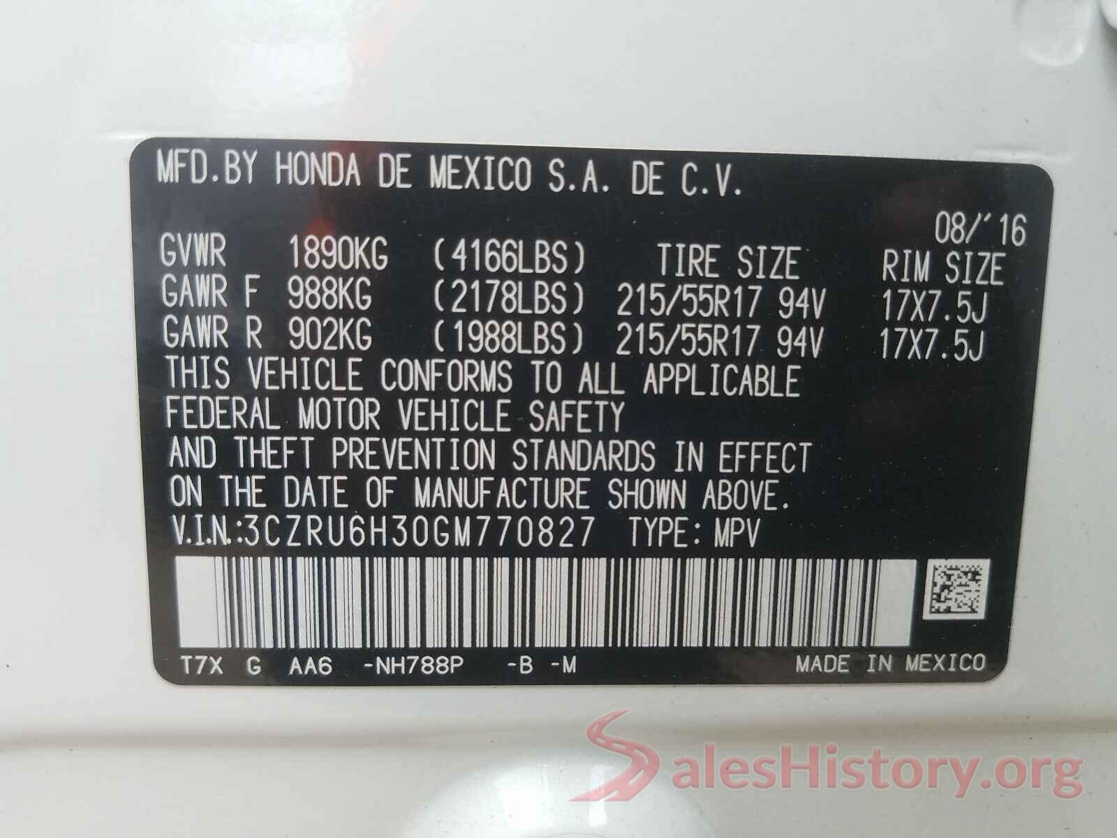 3CZRU6H30GM770827 2016 HONDA HR-V