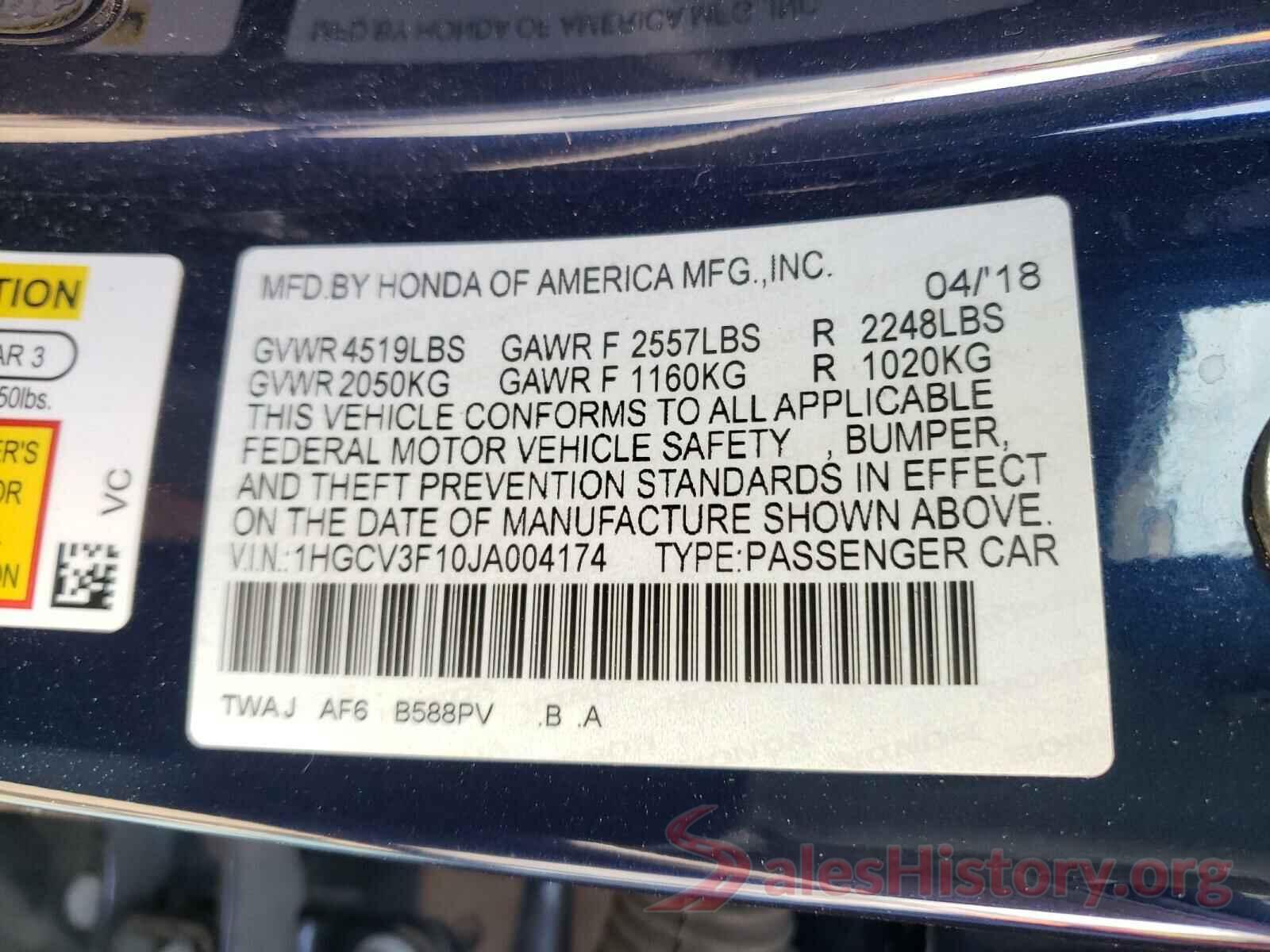 1HGCV3F10JA004174 2018 HONDA ACCORD