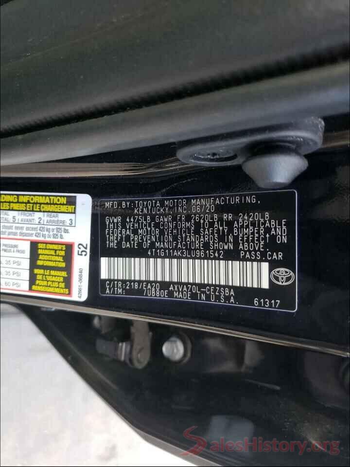 4T1G11AK3LU961542 2020 TOYOTA CAMRY