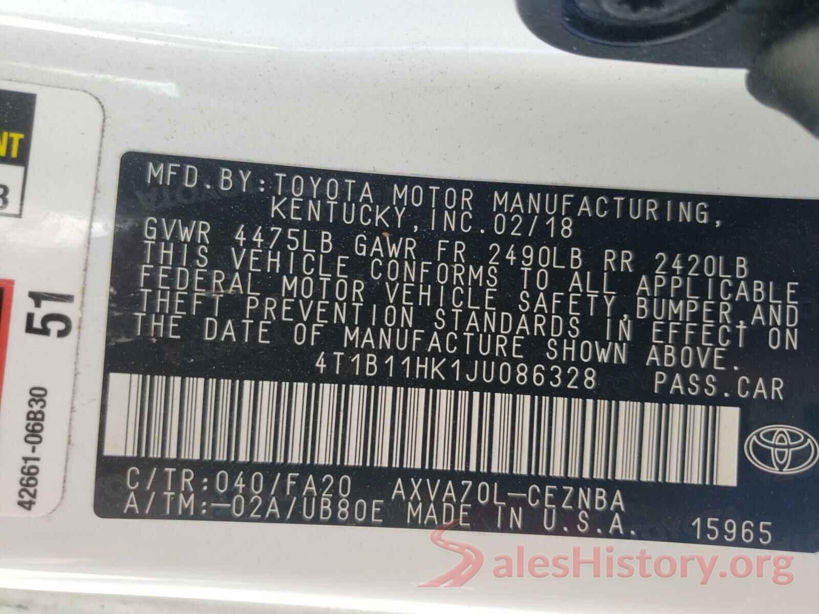 4T1B11HK1JU086328 2018 TOYOTA CAMRY