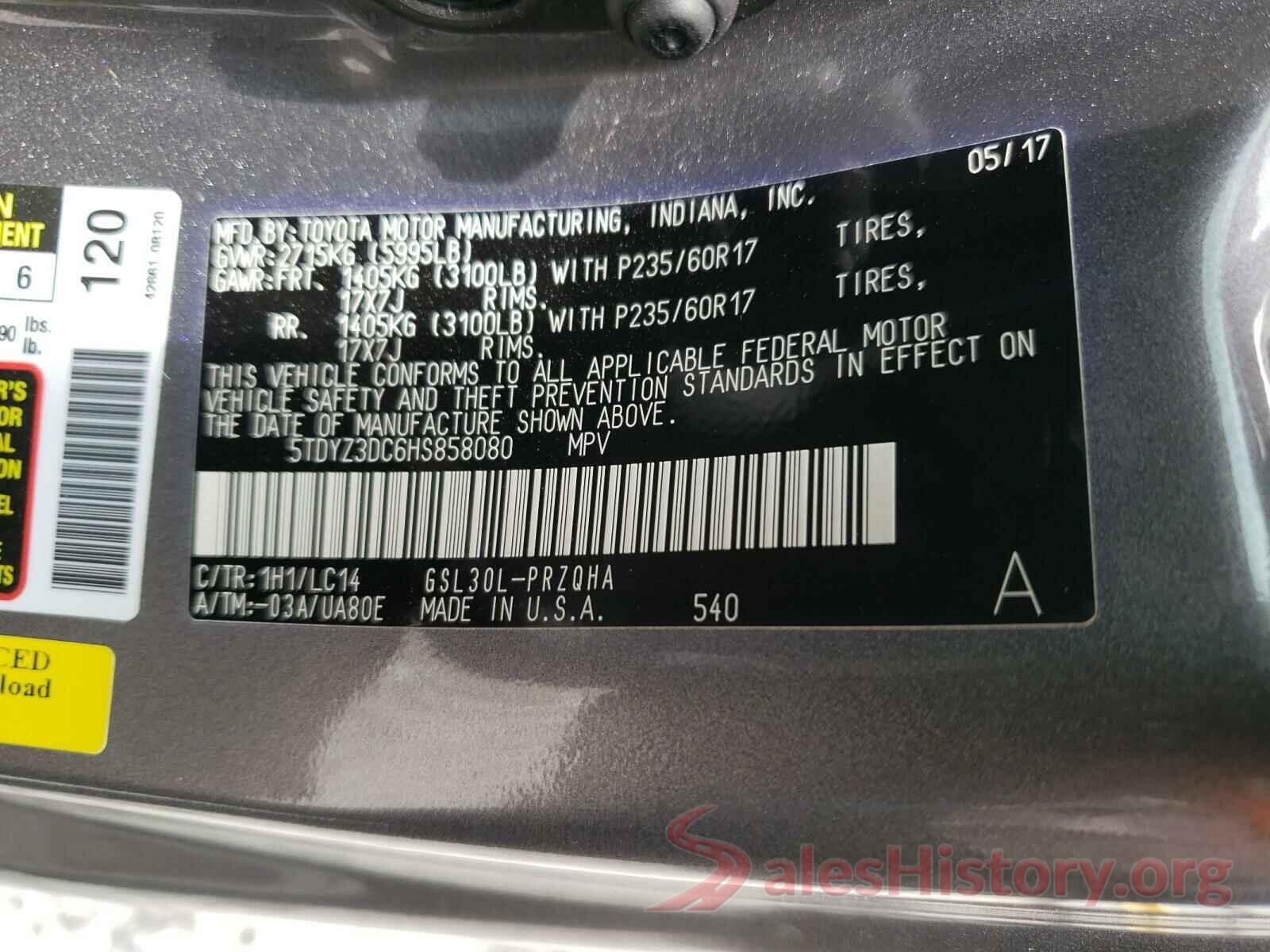 5TDYZ3DC6HS858080 2017 TOYOTA SIENNA