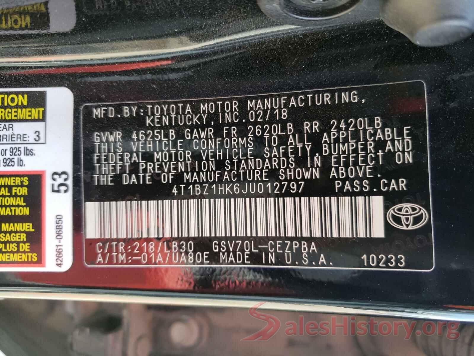 4T1BZ1HK6JU012797 2018 TOYOTA CAMRY