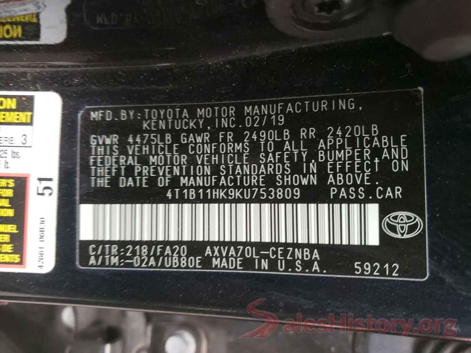 4T1B11HK9KU753809 2019 TOYOTA CAMRY