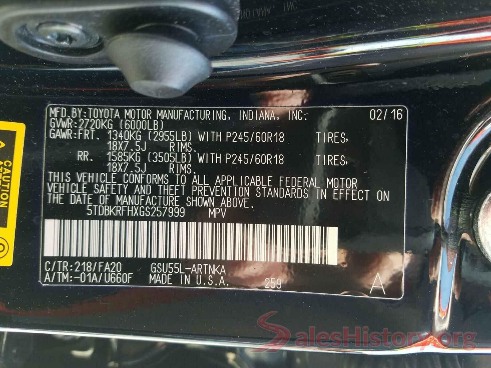 5TDBKRFHXGS257999 2016 TOYOTA HIGHLANDER