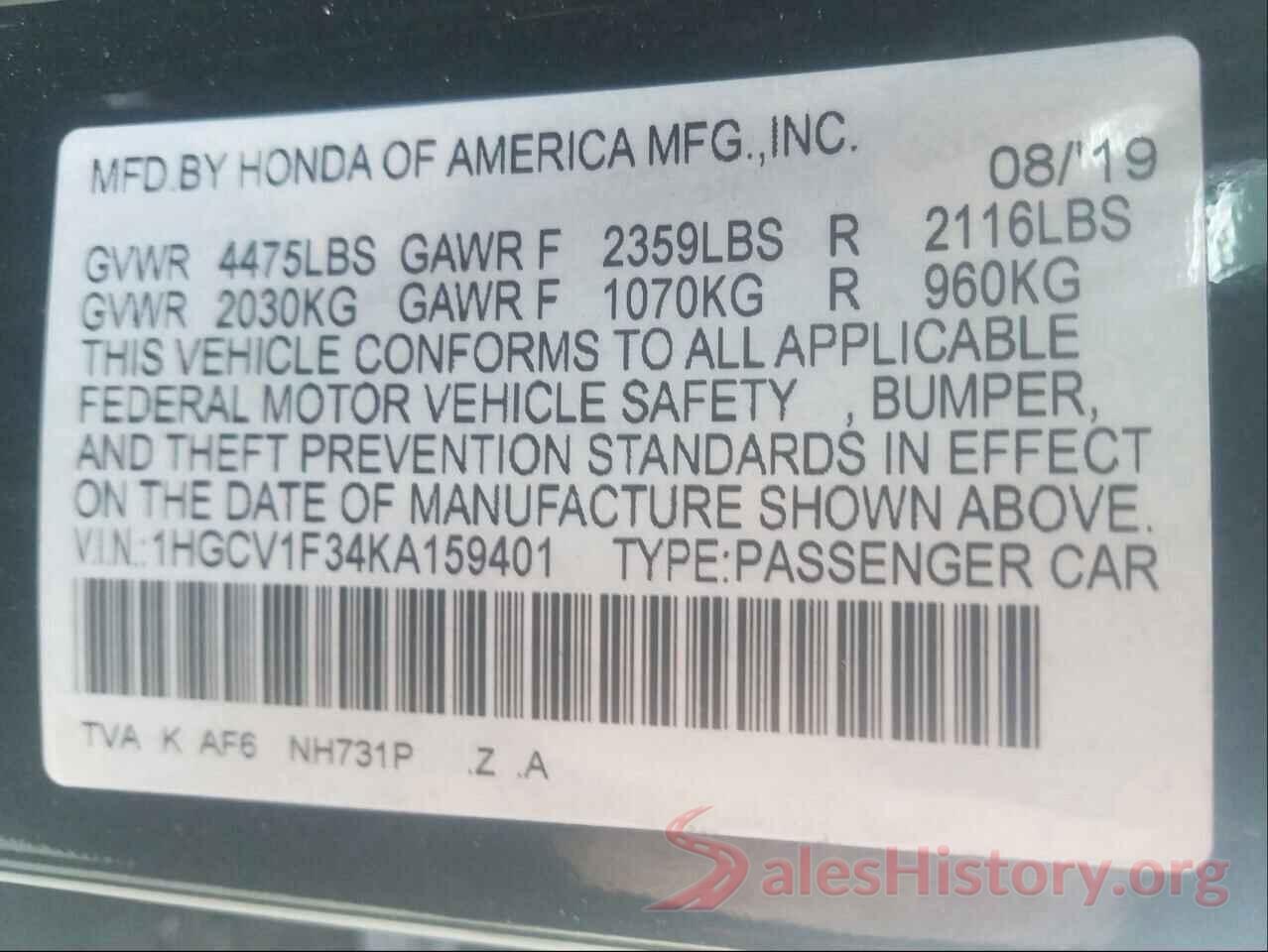 1HGCV1F34KA159401 2019 HONDA ACCORD