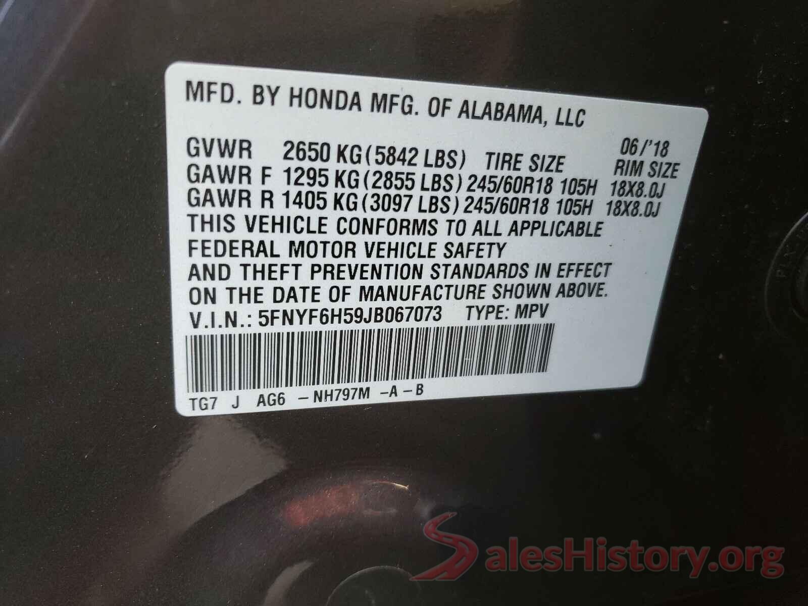 5FNYF6H59JB067073 2018 HONDA PILOT