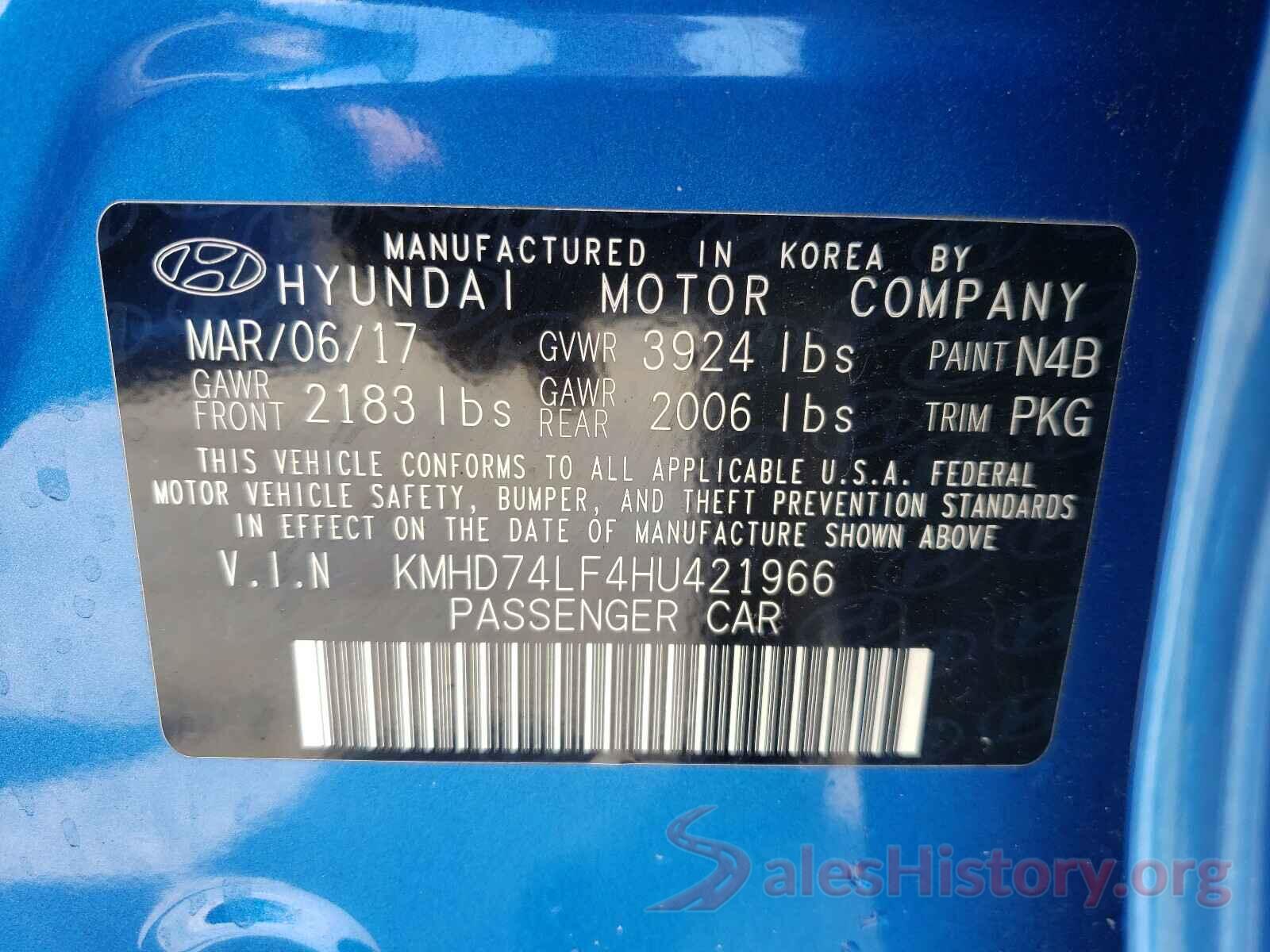 KMHD74LF4HU421966 2017 HYUNDAI ELANTRA