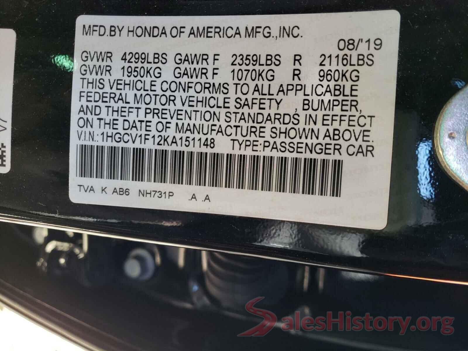 1HGCV1F12KA151148 2019 HONDA ACCORD