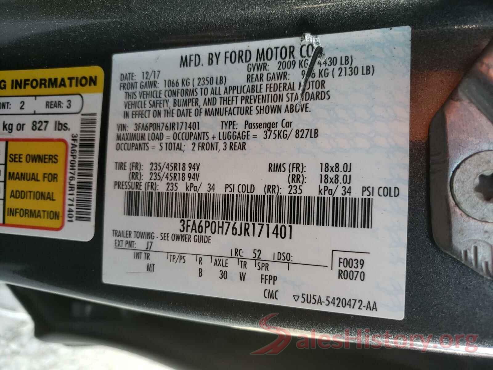 3FA6P0H76JR171401 2018 FORD FUSION