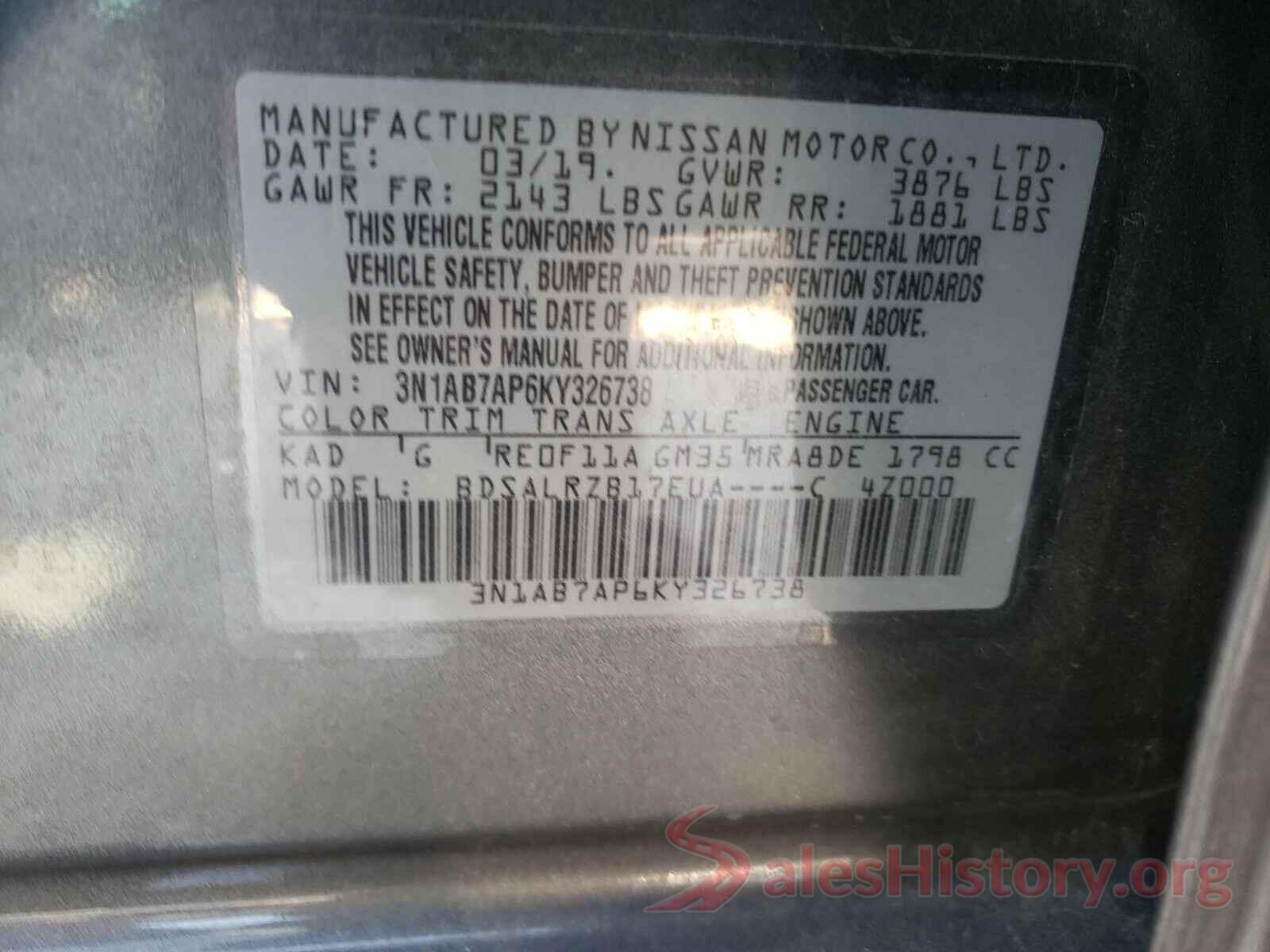 3N1AB7AP6KY326738 2019 NISSAN SENTRA