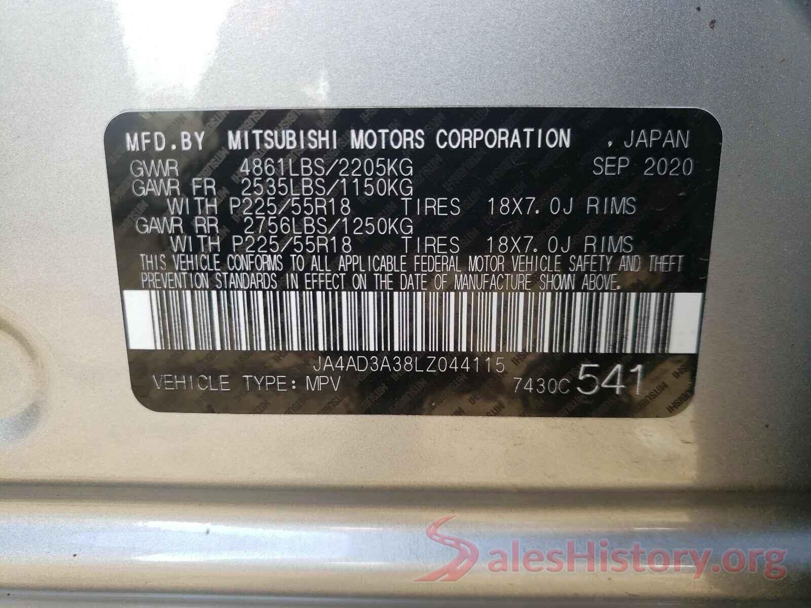 JA4AD3A38LZ044115 2020 MITSUBISHI OUTLANDER