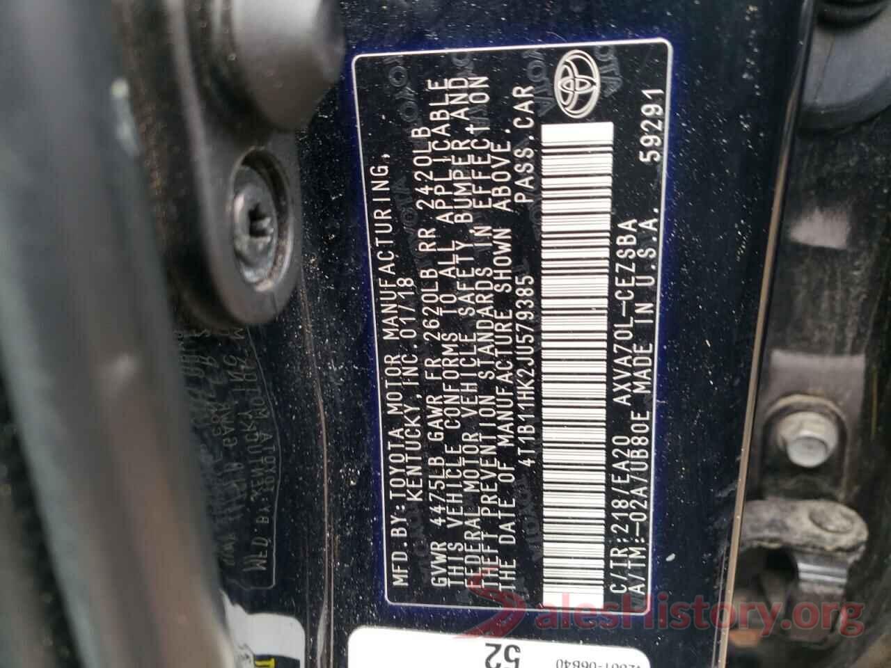 4T1B11HK2JU579385 2018 TOYOTA CAMRY