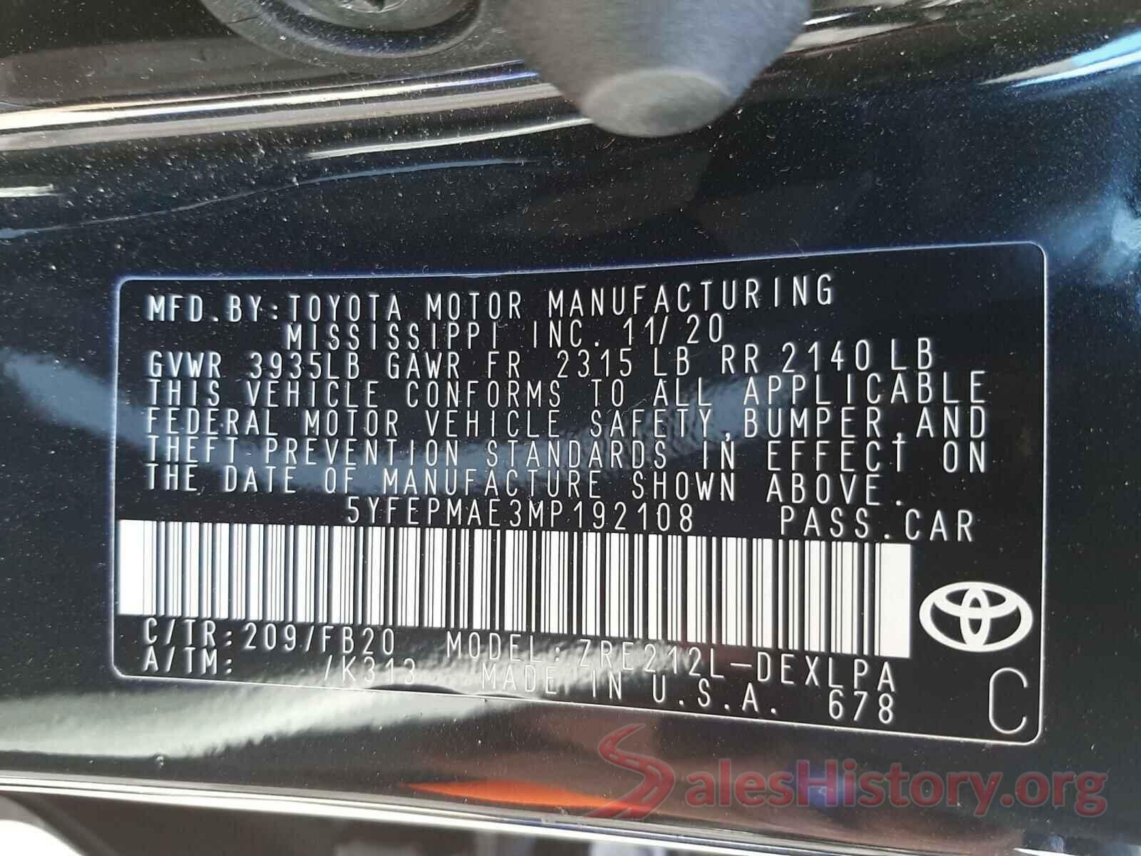 5YFEPMAE3MP192108 2021 TOYOTA COROLLA