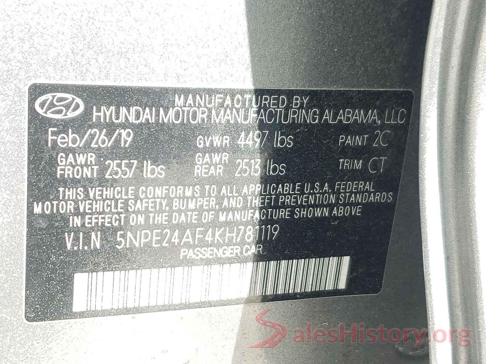 5NPE24AF4KH781119 2019 HYUNDAI SONATA