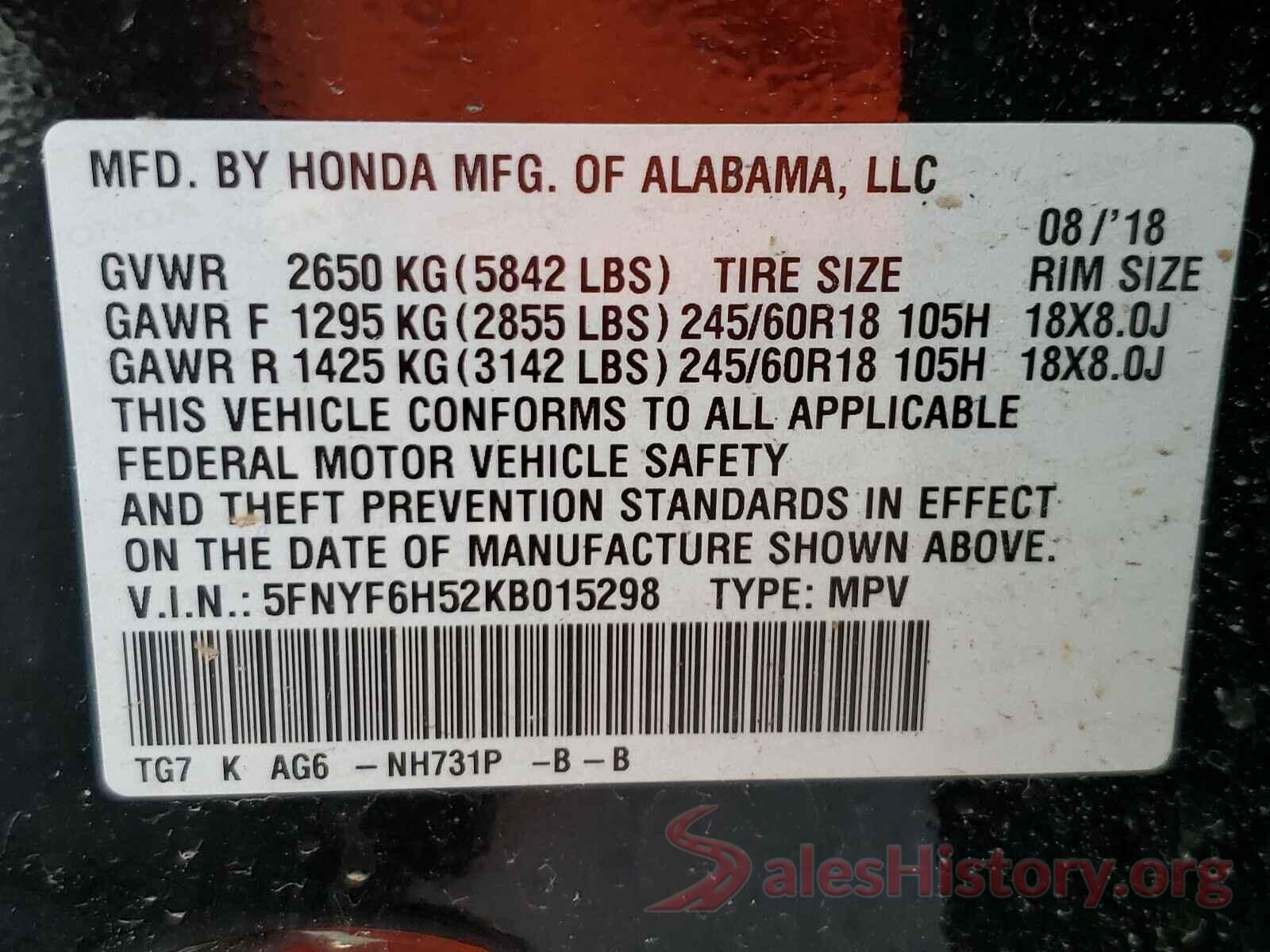 5FNYF6H52KB015298 2019 HONDA PILOT