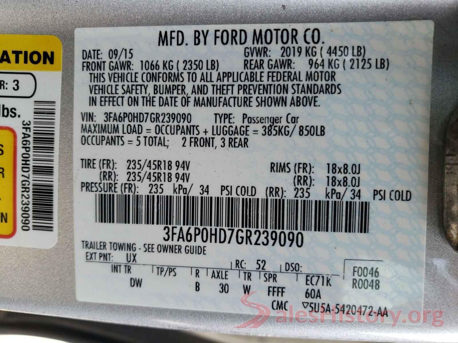 3FA6P0HD7GR239090 2016 FORD FUSION