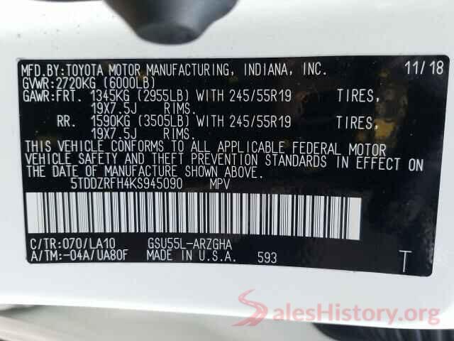 5TDDZRFH4KS945090 2019 TOYOTA HIGHLANDER