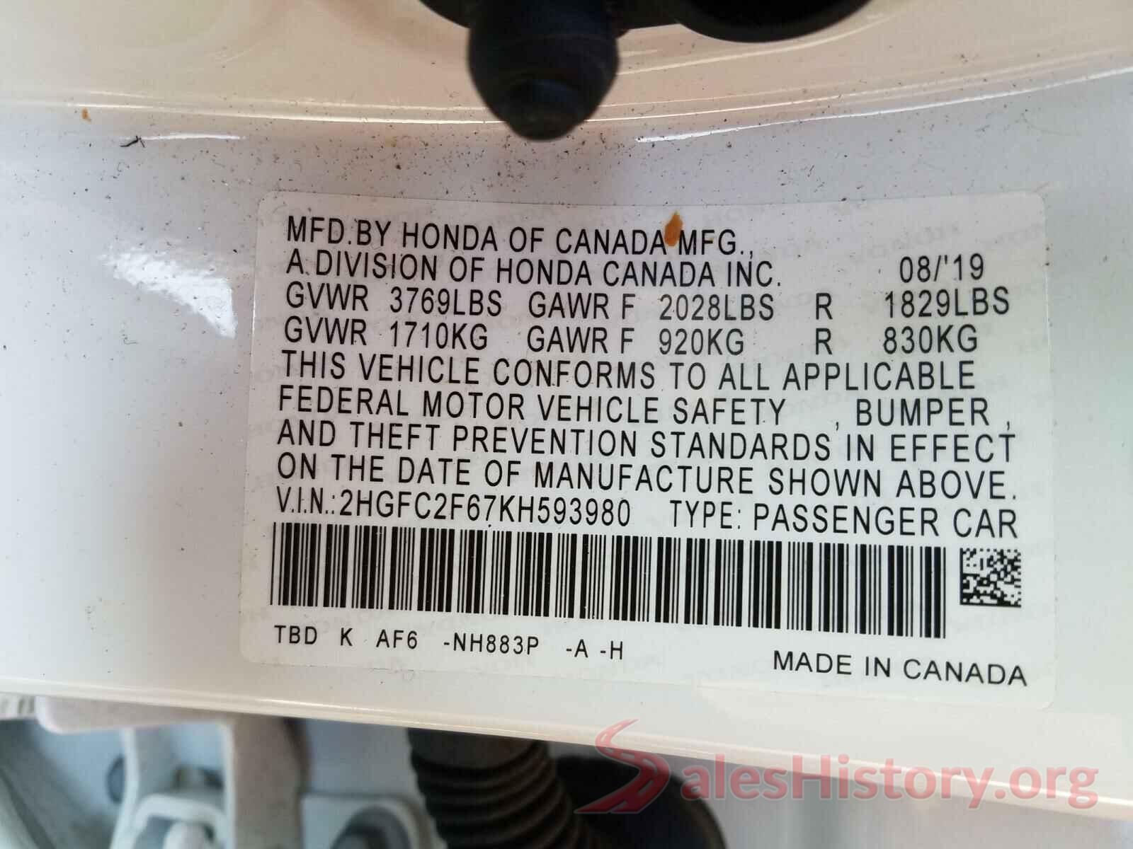 2HGFC2F67KH593980 2019 HONDA CIVIC