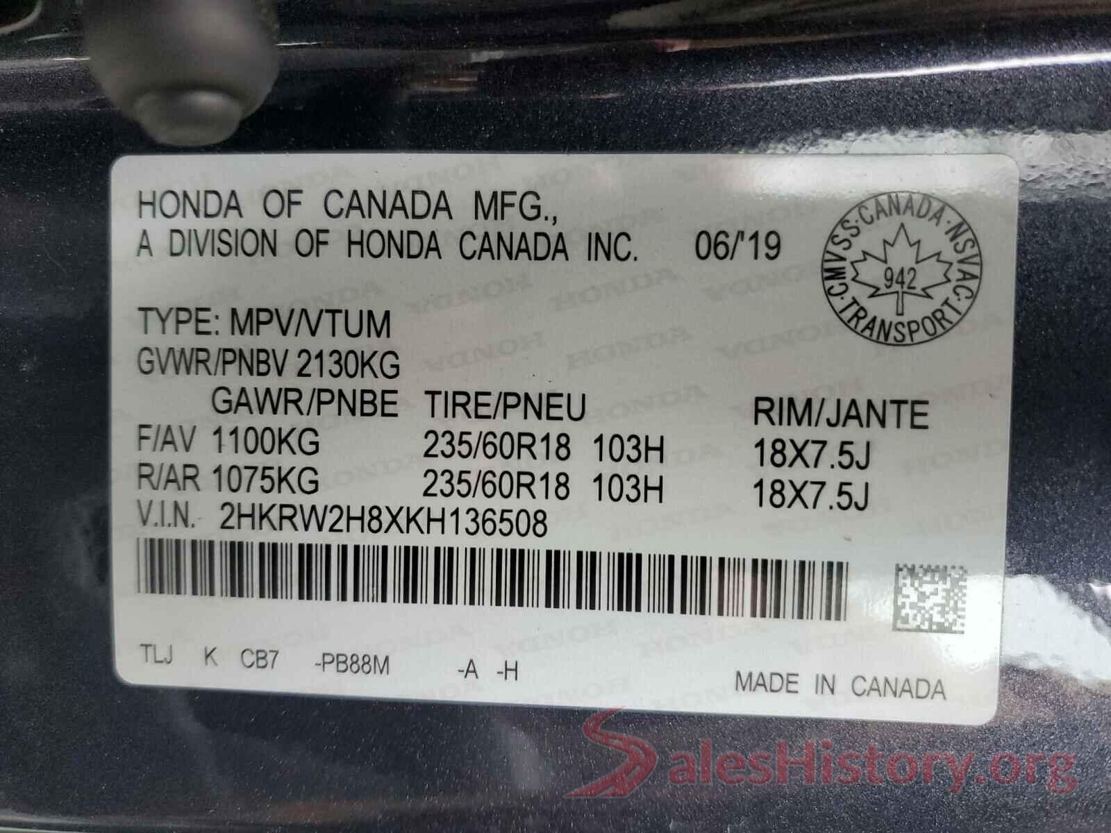 2HKRW2H8XKH136508 2019 HONDA CRV