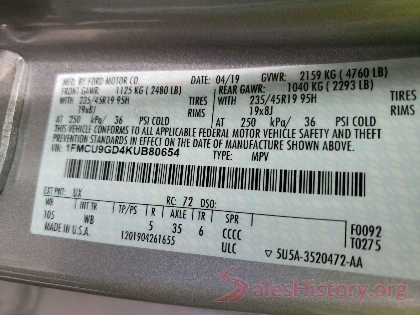 1FMCU9GD4KUB80654 2019 FORD ESCAPE