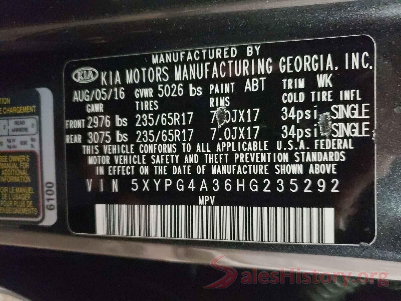 5XYPG4A36HG235292 2017 KIA SORENTO