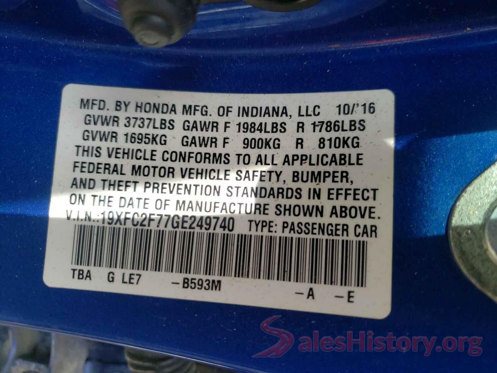 19XFC2F77GE249740 2016 HONDA CIVIC