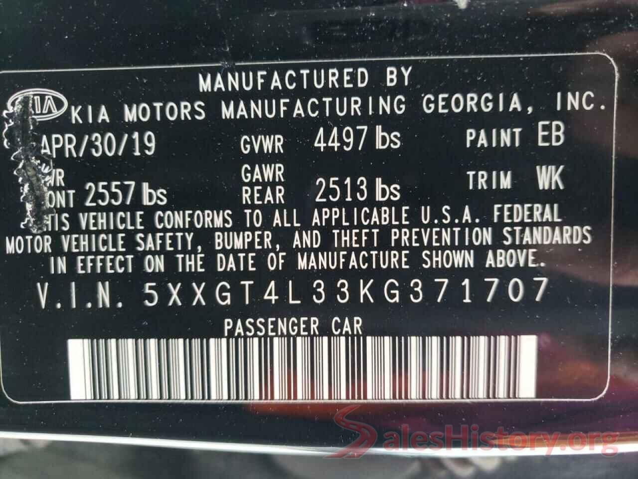 5XXGT4L33KG371707 2019 KIA OPTIMA