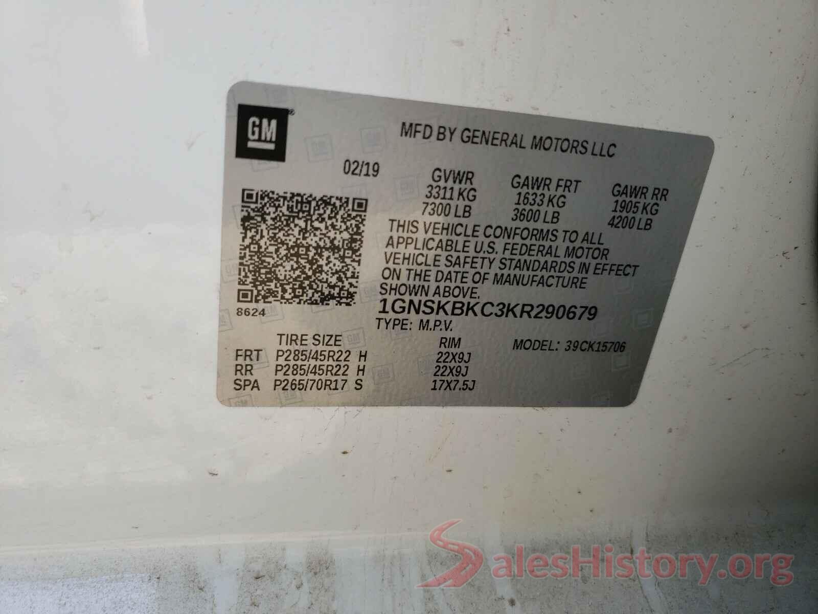 1GNSKBKC3KR290679 2019 CHEVROLET TAHOE