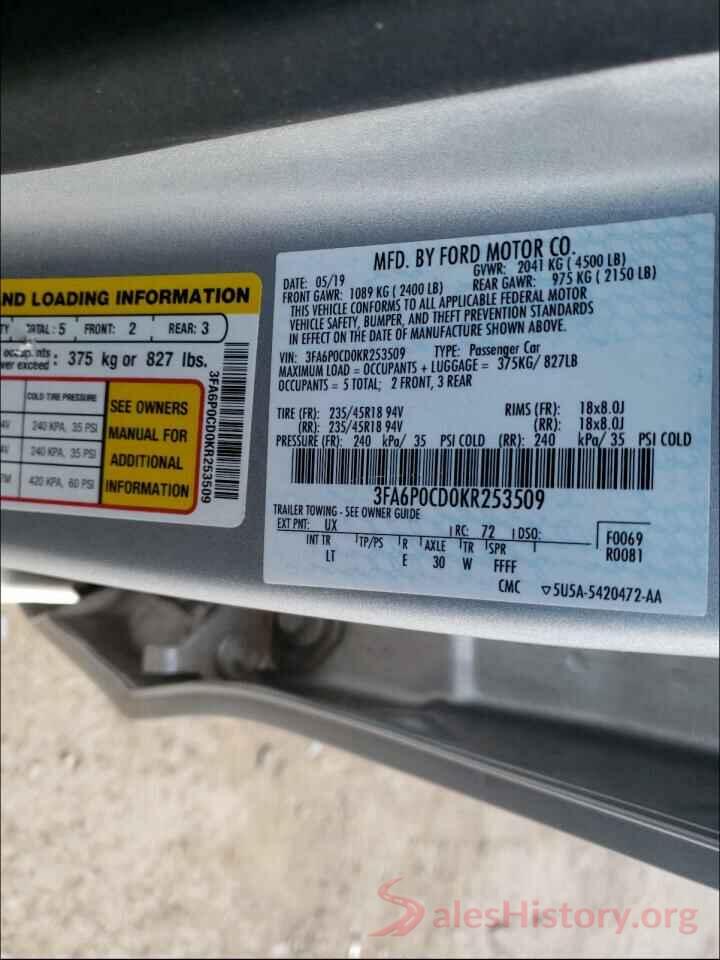 3FA6P0CD0KR253509 2019 FORD FUSION