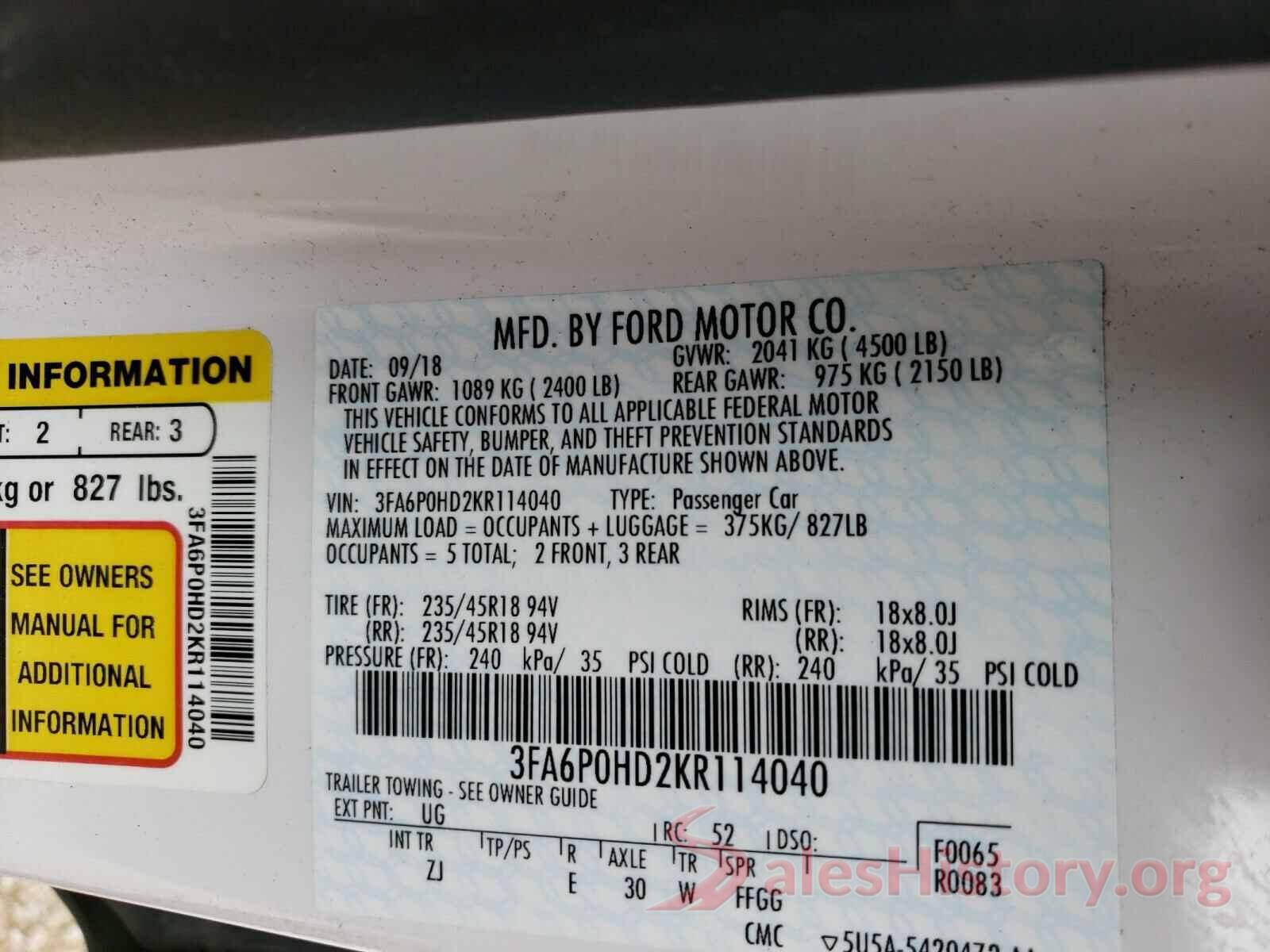 3FA6P0HD2KR114040 2019 FORD FUSION