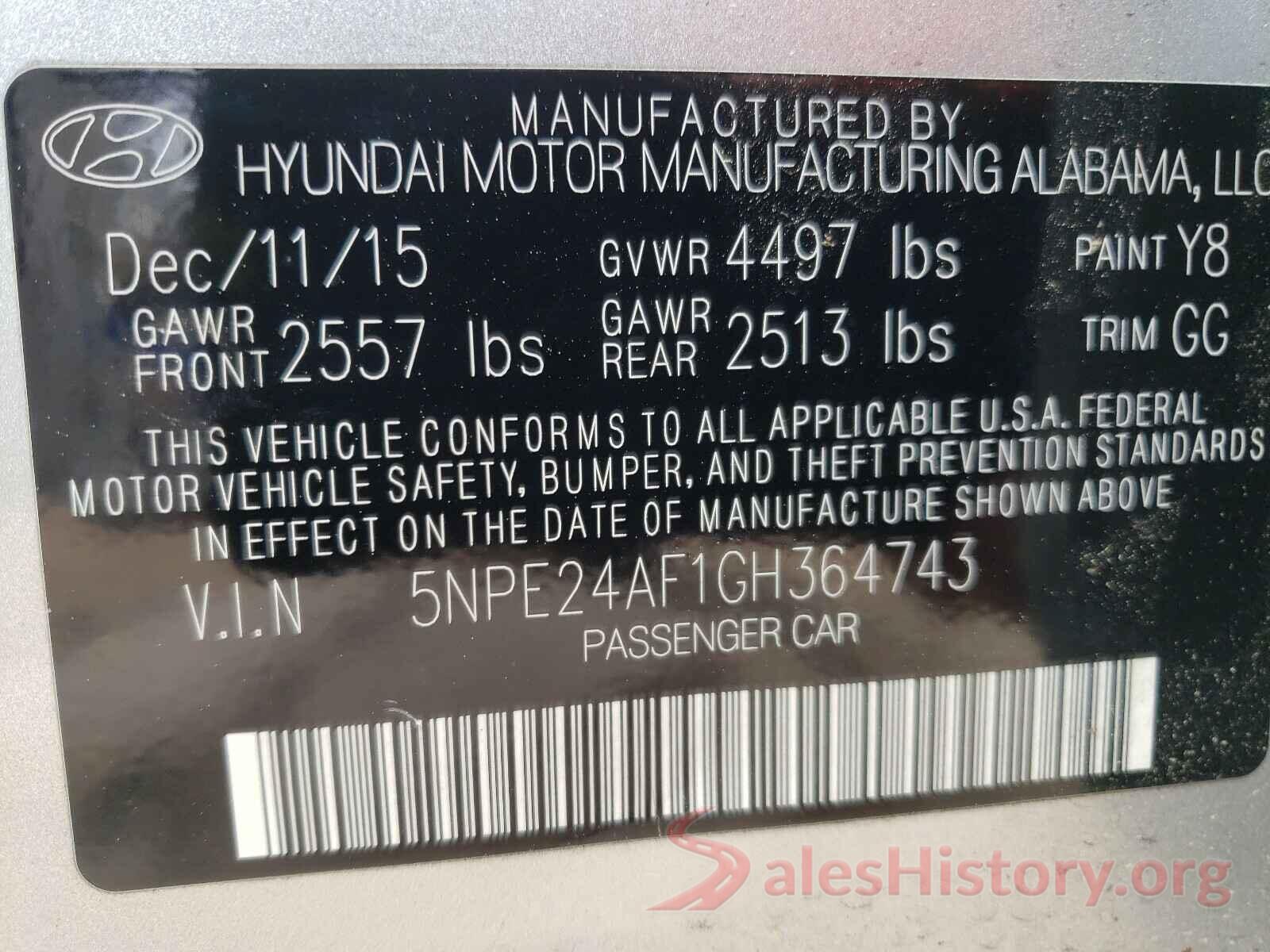 5NPE24AF1GH364743 2016 HYUNDAI SONATA