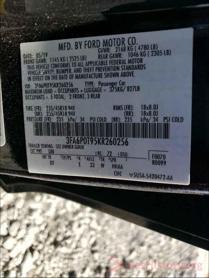 3FA6P0T95KR260256 2019 FORD FUSION