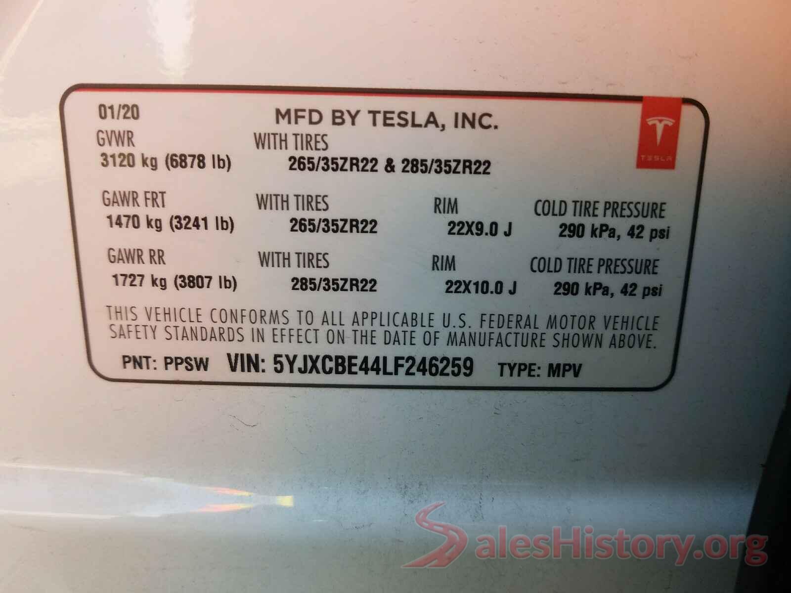 5YJXCBE44LF246259 2020 TESLA MODEL X